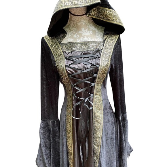 Medieval Renaissance Hooded Gown Black Velour Gold Trim Lace Up Bodice Size M - Picture 8 of 13